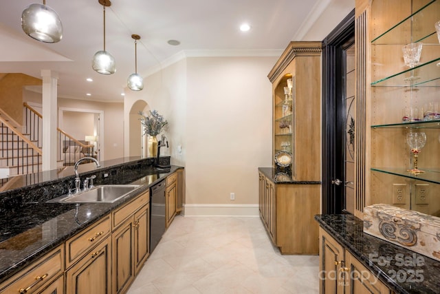 140 Lightship Dr, Mooresville, NC 28117 - bar featuring a sink, dishwasher, arched walkways, ornamental molding, and hanging light fixtures