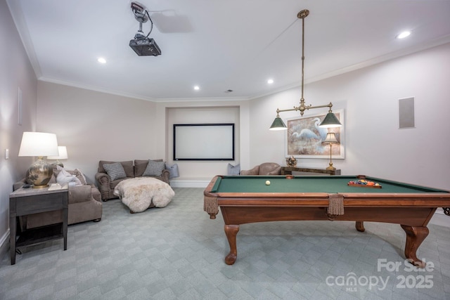 140 Lightship Dr, Mooresville, NC 28117 - playroom with recessed lighting, billiards, ornamental molding, carpet floors, and baseboards