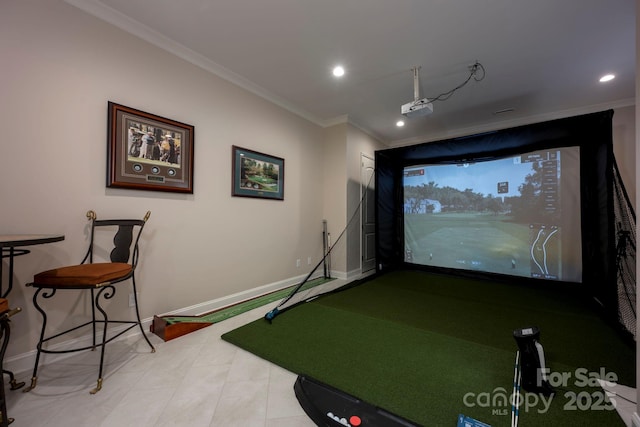 140 Lightship Dr, Mooresville, NC 28117 - playroom featuring golf simulator, crown molding, baseboards, recessed lighting, and tile patterned floors