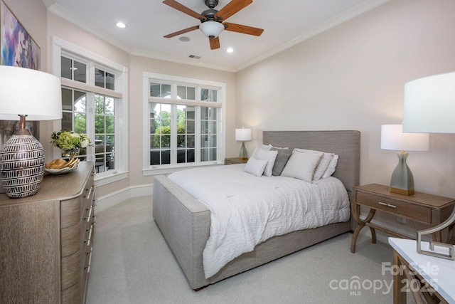140 Lightship Dr, Mooresville, NC 28117 - bedroom featuring carpet, ornamental molding, recessed lighting, baseboards, and ceiling fan