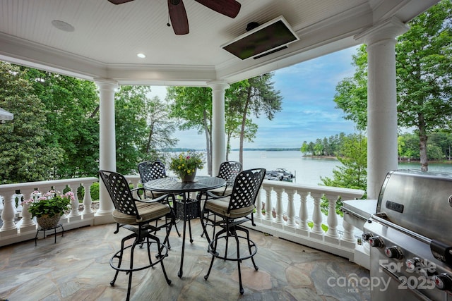 140 Lightship Dr, Mooresville, NC 28117 - deck featuring a grill, a water view, and a ceiling fan
