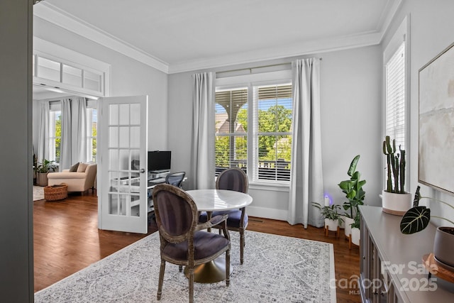 10822 Brandie Meadow Ln, Huntersville, NC 28078 - home office with ornamental molding, dark wood finished floors, and baseboards