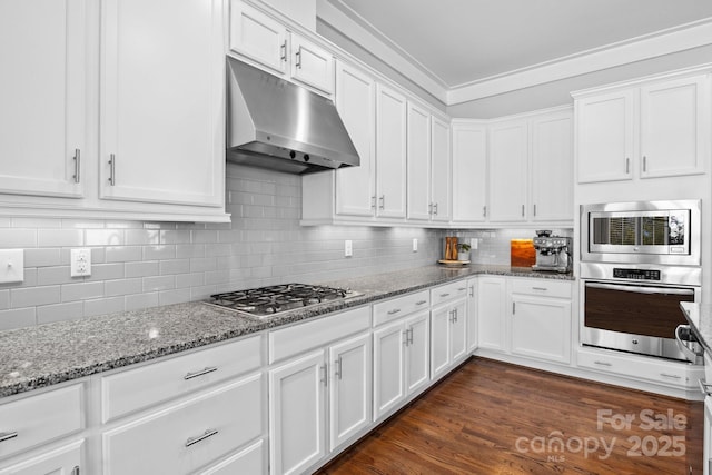 10822 Brandie Meadow Ln, Huntersville, NC 28078 - kitchen featuring under cabinet range hood, stainless steel appliances, white cabinets, light stone countertops, and ornamental molding