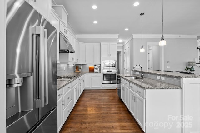 10822 Brandie Meadow Ln, Huntersville, NC 28078 - kitchen with appliances with stainless steel finishes, a sink, under cabinet range hood, ornamental molding, and recessed lighting