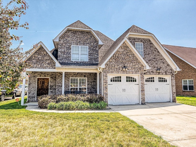craftsman house featuring an attached garage, a shingled roof, driveway, and a front yard