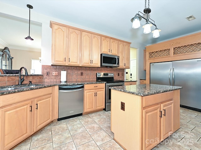 kitchen with backsplash, stainless steel appliances, crown molding, and light brown cabinets
