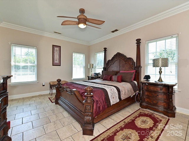 bedroom with visible vents, crown molding, and multiple windows