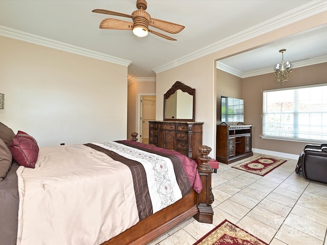 bedroom with crown molding, baseboards, and ceiling fan with notable chandelier