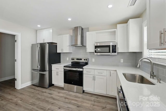 kitchen featuring wall chimney range hood, a sink, stainless steel appliances, white cabinetry, and visible vents
