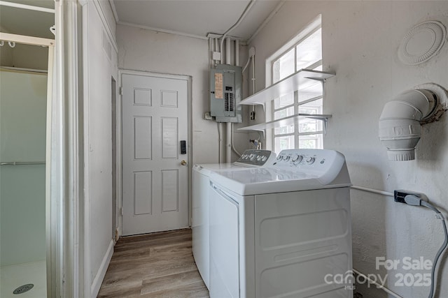 clothes washing area featuring laundry area, light wood-style floors, washing machine and dryer, and electric panel