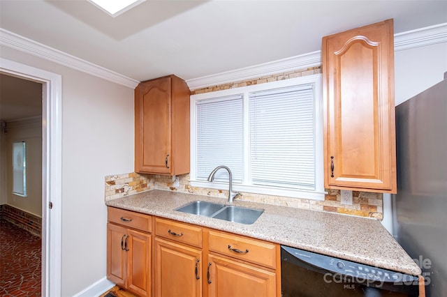 3933 Planters Pl, Indian Trail, NC 28079 - kitchen with freestanding refrigerator, dishwashing machine, tasteful backsplash, crown molding, and light stone countertops