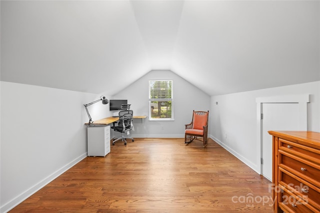 5615 American Way, Denver, NC 28037 - office area featuring baseboards, wood finished floors, and lofted ceiling