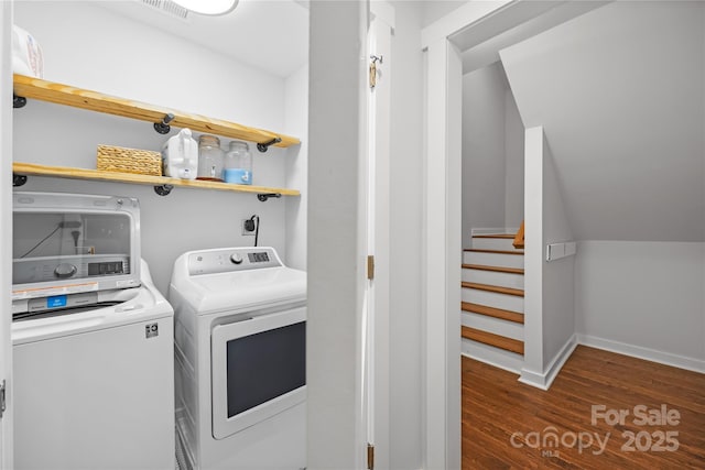 5615 American Way, Denver, NC 28037 - washroom featuring laundry area, visible vents, wood finished floors, baseboards, and washer and clothes dryer