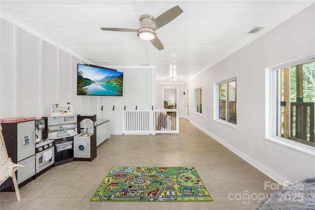 5615 American Way, Denver, NC 28037 - rec room featuring light tile patterned floors, ceiling fan, and visible vents