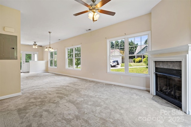 8 Cherry Laurel Ln, Swannanoa, NC 28778 - unfurnished living room featuring ceiling fan, carpet, baseboards, and electric panel