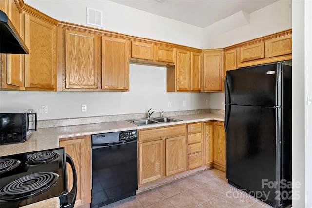 8 Cherry Laurel Ln, Swannanoa, NC 28778 - kitchen featuring black appliances, a sink, light countertops, light tile patterned floors, and wall chimney exhaust hood