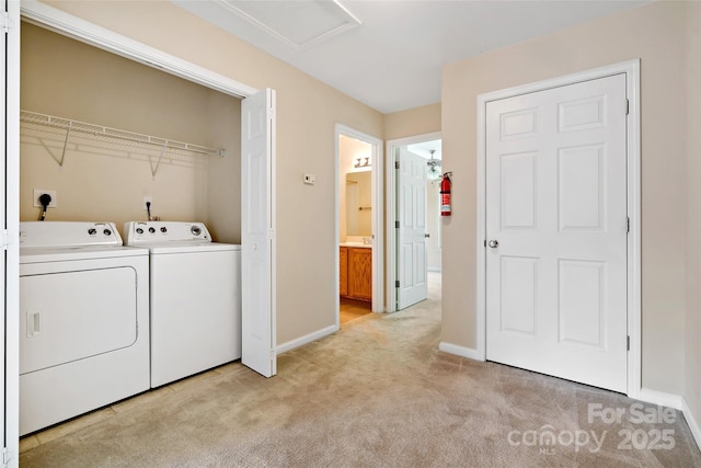 8 Cherry Laurel Ln, Swannanoa, NC 28778 - laundry room featuring light carpet, independent washer and dryer, baseboards, and attic access