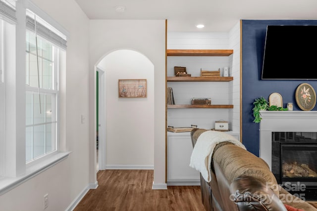 4040 Deep River Way, Waxhaw, NC 28173 - living area with wood finished floors, arched walkways, a glass covered fireplace, healthy amount of natural light, and recessed lighting