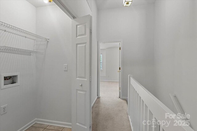 13660 Meade Glen Ct, Charlotte, NC 28273 - laundry area featuring washer hookup, baseboards, and light colored carpet