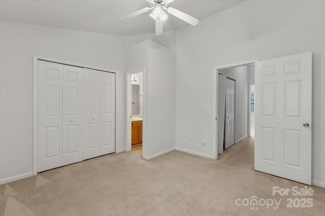 13660 Meade Glen Ct, Charlotte, NC 28273 - unfurnished bedroom featuring light carpet, baseboards, a closet, ensuite bath, and ceiling fan