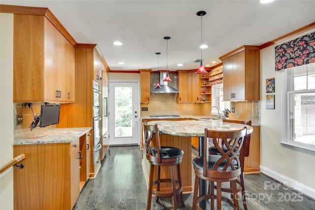 16317 Terry Ln, Huntersville, NC 28078 - kitchen with a sink, dark wood-style flooring, wall chimney exhaust hood, and a healthy amount of sunlight