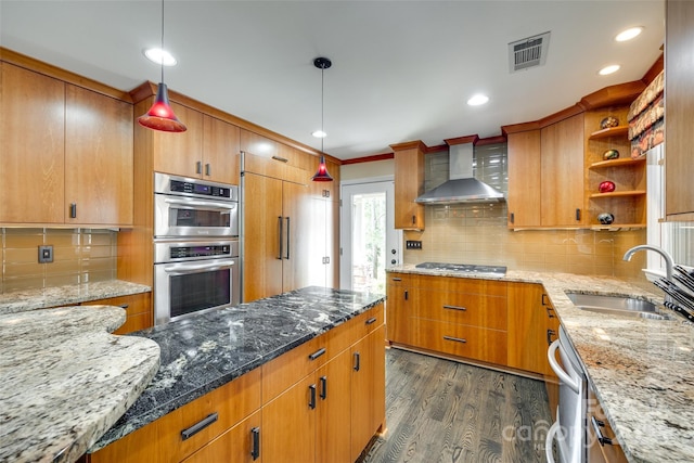 16317 Terry Ln, Huntersville, NC 28078 - kitchen featuring decorative backsplash, dark wood-style floors, wall chimney exhaust hood, a sink, and stainless steel appliances