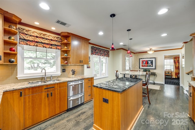 16317 Terry Ln, Huntersville, NC 28078 - kitchen featuring open shelves, a sink, dishwasher, visible vents, and dark wood-style floors