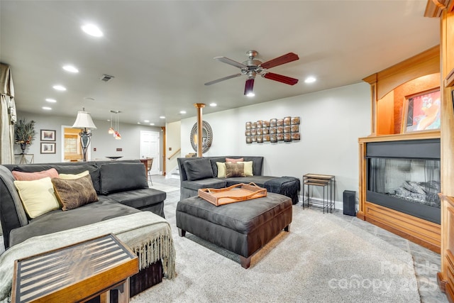 16317 Terry Ln, Huntersville, NC 28078 - living area featuring a ceiling fan, visible vents, baseboards, light carpet, and recessed lighting