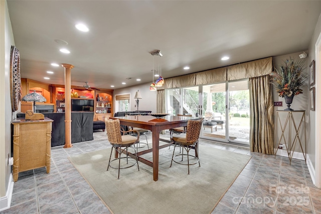 16317 Terry Ln, Huntersville, NC 28078 - dining room featuring recessed lighting, decorative columns, and a wealth of natural light