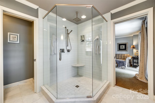 16317 Terry Ln, Huntersville, NC 28078 - bathroom featuring baseboards, crown molding, and a stall shower