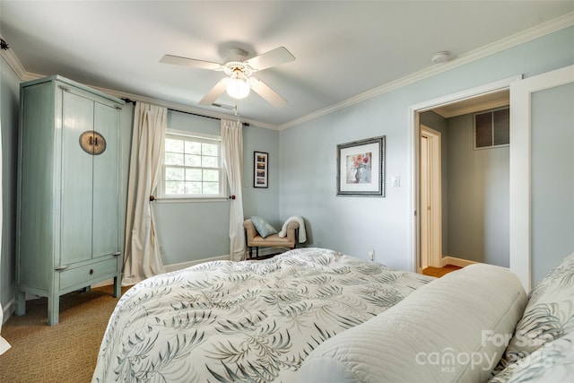 16317 Terry Ln, Huntersville, NC 28078 - carpeted bedroom with crown molding, baseboards, a ceiling fan, and visible vents