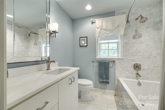 16317 Terry Ln, Huntersville, NC 28078 - full bathroom featuring vanity, marble finish floor, toilet, baseboards, and shower / bath combination