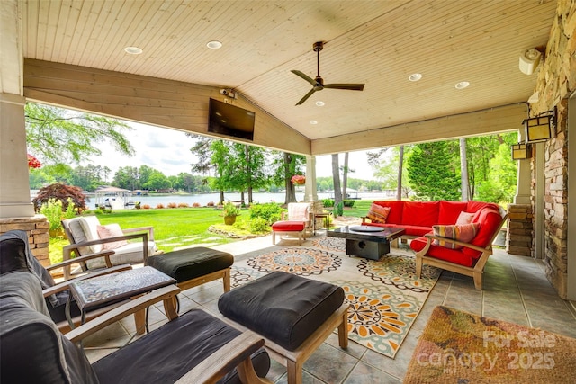 16317 Terry Ln, Huntersville, NC 28078 - view of patio with an outdoor living space with a fire pit and a ceiling fan