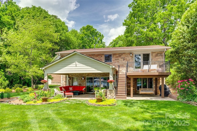 16317 Terry Ln, Huntersville, NC 28078 - rear view of house with stairway, a lawn, an outdoor living space, and stone siding