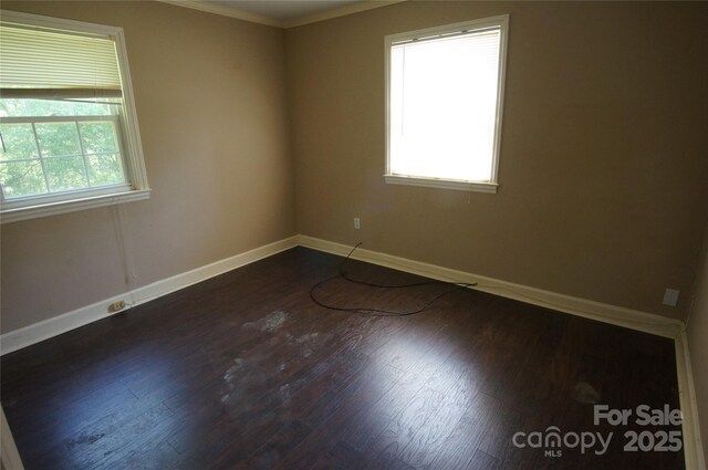 spare room with crown molding, baseboards, and dark wood-type flooring