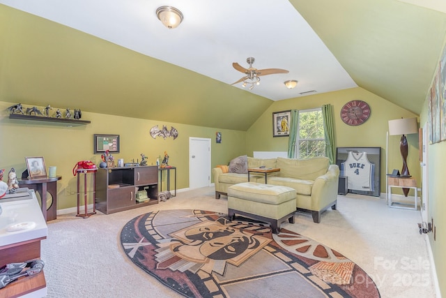 815 Clearbrook Rd, Matthews, NC 28105 - living room featuring visible vents, baseboards, light colored carpet, a ceiling fan, and vaulted ceiling