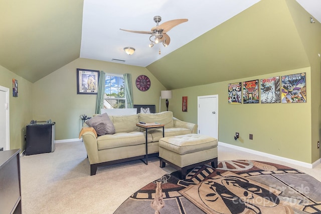 815 Clearbrook Rd, Matthews, NC 28105 - living area featuring visible vents, a ceiling fan, light colored carpet, and lofted ceiling