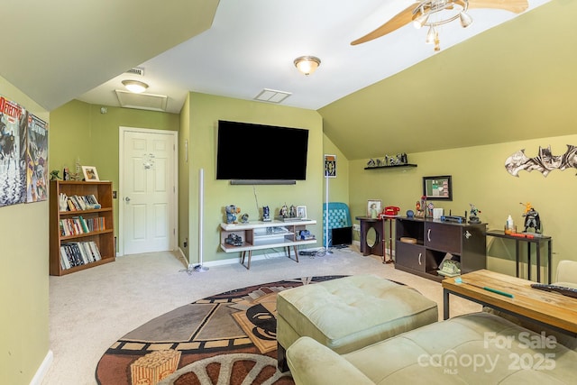 815 Clearbrook Rd, Matthews, NC 28105 - living area with carpet flooring, visible vents, a ceiling fan, baseboards, and vaulted ceiling