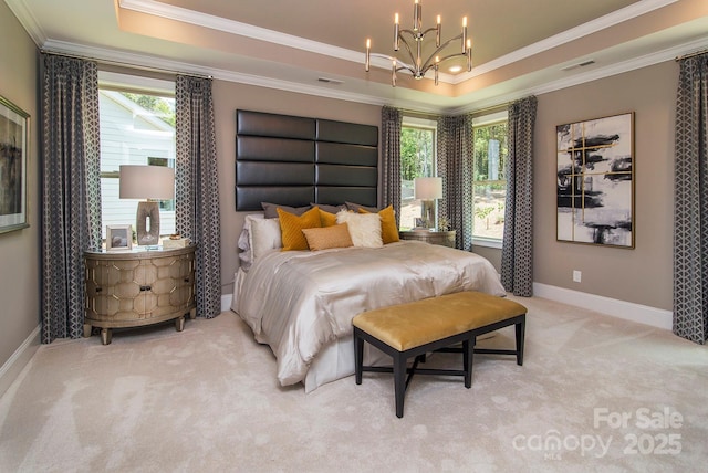 5059 Valita Rd, York, SC 29745 - bedroom featuring visible vents, a raised ceiling, a chandelier, and light carpet