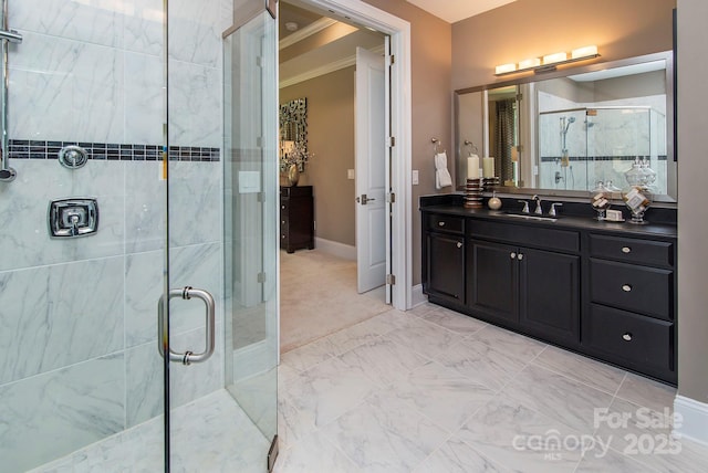5059 Valita Rd, York, SC 29745 - bathroom featuring vanity, ornamental molding, baseboards, and a shower stall
