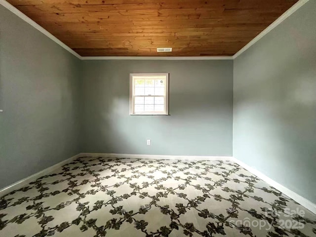 unfurnished room with crown molding, baseboards, visible vents, and wooden ceiling