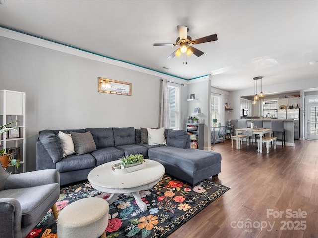 6909 Dunton St, Huntersville, NC 28078 - living area featuring visible vents, a ceiling fan, dark wood-style flooring, and ornamental molding