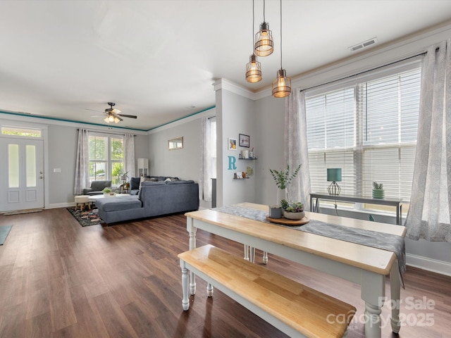 6909 Dunton St, Huntersville, NC 28078 - dining space with ceiling fan, visible vents, and wood finished floors