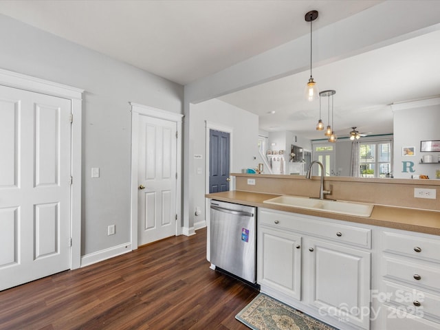 6909 Dunton St, Huntersville, NC 28078 - kitchen featuring pendant lighting, dark wood-style floors, white cabinets, a sink, and dishwasher