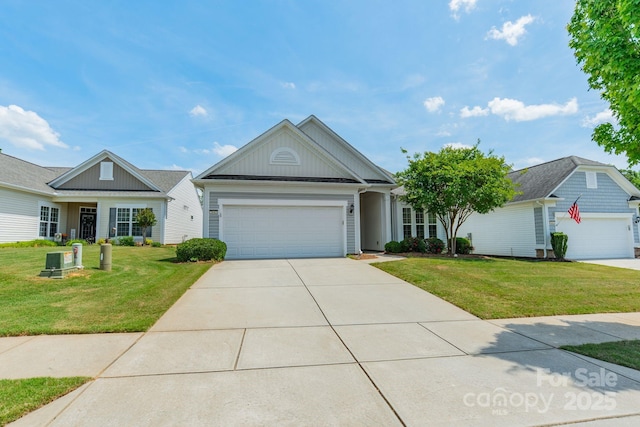 single story home with an attached garage, a front lawn, board and batten siding, and concrete driveway
