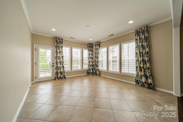 empty room with baseboards, ornamental molding, light tile patterned floors, and recessed lighting