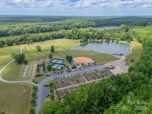 bird's eye view with a water view and a wooded view