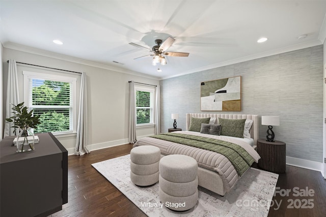 1209 Leigh Ave, Charlotte, NC 28205 - bedroom featuring baseboards, multiple windows, ornamental molding, dark wood-type flooring, and recessed lighting