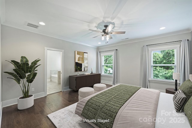 1209 Leigh Ave, Charlotte, NC 28205 - bedroom featuring crown molding, recessed lighting, baseboards, wood finished floors, and ensuite bathroom