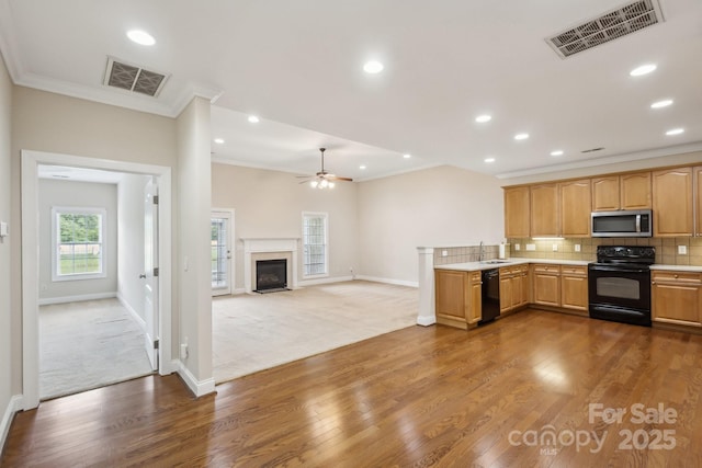 kitchen featuring a ceiling fan, visible vents, a sink, and black appliances